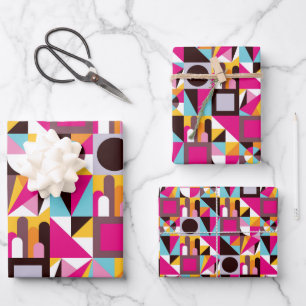 Retro 70er Geometric Muster Psychedelic Colors Geschenkpapier Set