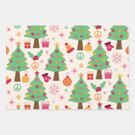 Retro 70er Groovy Christmas Trees Pattern Geschenkpapier Set