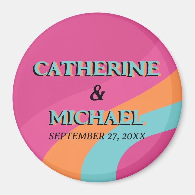 Retro 70er Groovy Fuchsia Fun Wedding Magnet (Vorne)