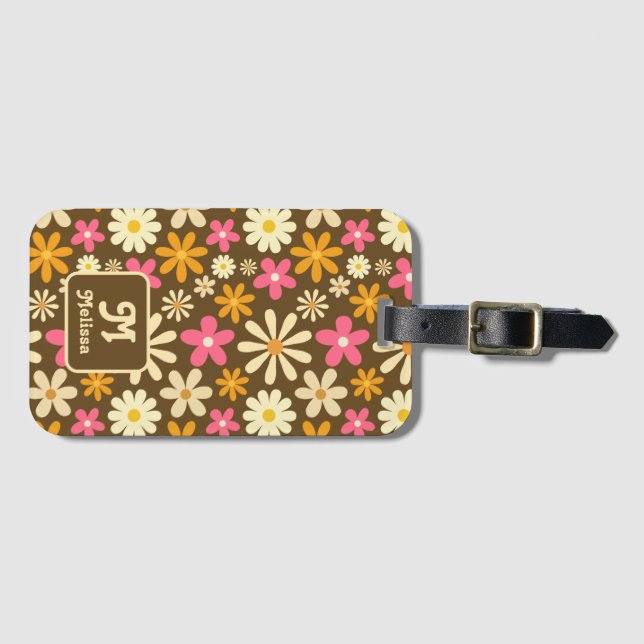 Retro 70er Groovy Hippie Blume Monogram Gepäckanhänger (Vorderseite (Horizontal))
