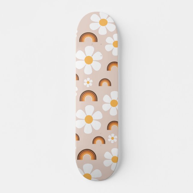 Retro 70er Groovy Hippie Daisy & Terracotta Rainbo Skateboard (Vorne)