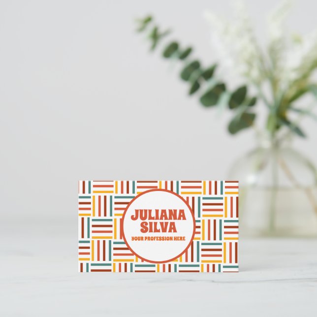 Retro 70er Groovy Line mit QR Business Card Visitenkarte (Stehend Vorderseite)