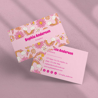 Retro 70er Groovy Pink Floral & Rainbow Funky Visitenkarte