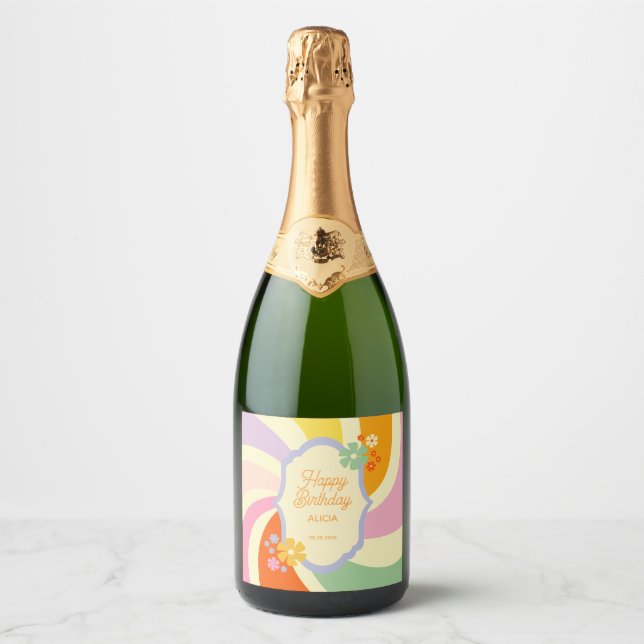 Retro 70er Groovy Wave Blume Happy Birthday (Vorderseite)