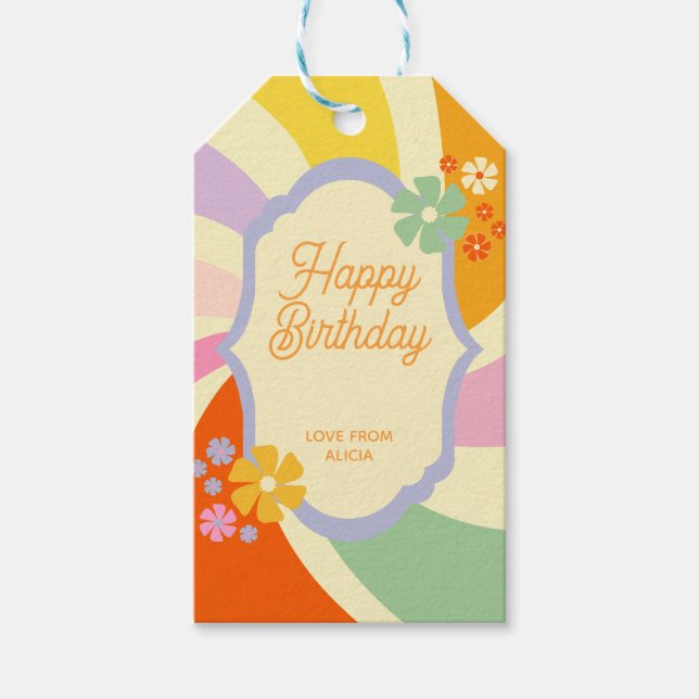 Retro 70er Groovy Wave Blume Happy Birthday Geschenkanhänger (Vorderseite)