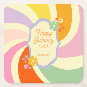 Retro 70er Groovy Wave Blume Happy Birthday Rechteckiger Pappuntersetzer