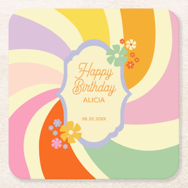 Retro 70er Groovy Wave Blume Happy Birthday Rechteckiger Pappuntersetzer (Vorderseite)