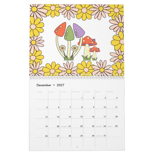 Retro 70er Hippie Groovy Mushroom & Blume Kalender (Dez 2027)