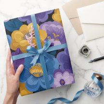 Retro 70er Jahre Blumenmuster in Blau, Lila und Ge