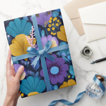 Retro 70er Jahre Blumenmuster in Blau Lila und Gel