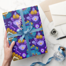 Retro 70er Jahre Blumenmuster in Blau Lila und Gel