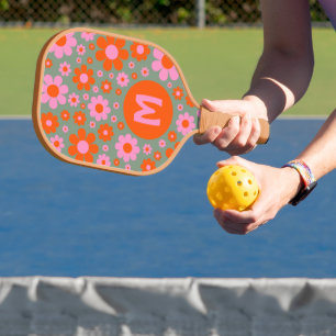 Retro 70er Jahre Blumenmuster personalisiert Pickleball Schläger