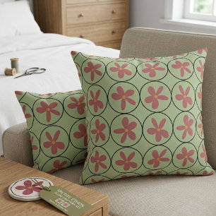 Retro 70er Jahre Floral Sage Grün und Rosa Geometr Kissen
