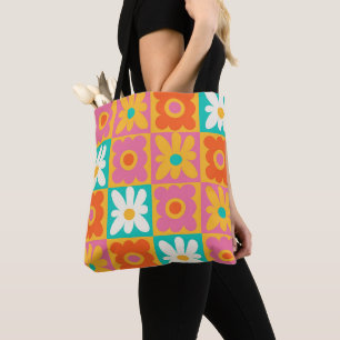 Retro 70er Jahre Groovy Blumen Karo Buntes Muster Tasche
