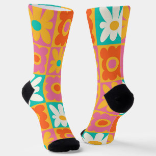 Retro 70er Jahre Groovy Blumen Karo Farbige Muster Socken