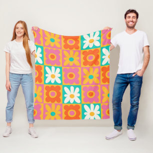 Retro 70er Jahre Groovy Blumen Karomuster Farbige Fleecedecke