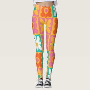 Retro 70er Jahre Groovy Blumen Karomuster Farbige Leggings