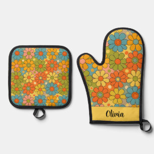 Retro 70er Jahre Groovy Flower Power Ofenhandschuh & Topflappen-Set