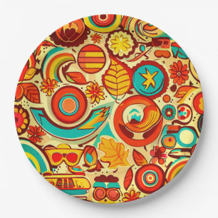 Retro 70er Jahre Groovy Herbst Elemente Muster Pappteller