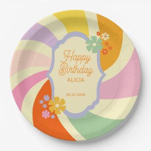Retro 70er Jahre Groovy Wave Blumen Happy Birthday Pappteller