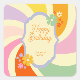 Retro 70er Jahre Groovy Wave Blumen Happy Birthday Quadratischer Aufkleber