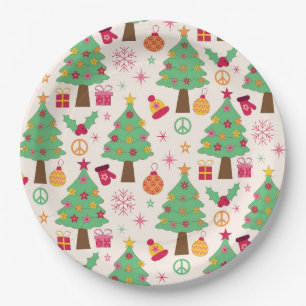 Retro 70er Jahre Groovy Weihnachtsbäume Muster Pappteller