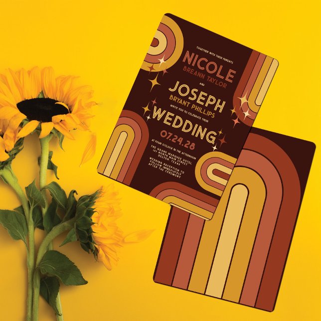 Retro 70er Jahre kühne Typografie Rainbow Arch Wed Einladung (Von Creator hochgeladen)