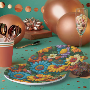 Retro 70er Jahre Stil farbenfrohe Gänseblümchen Pappteller