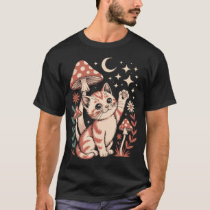 Retro 70er Jahre Vintage-Katze sitzt mit Waldpilze T-Shirt