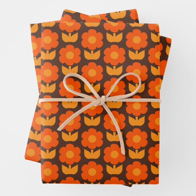 Retro 70er Jonnty Blume Muster Orange & Brown Geschenkpapier Set (Beispiel)