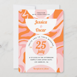 Retro 70er Liquid Swirl Boho Rosa Orange Hochzeit Einladung