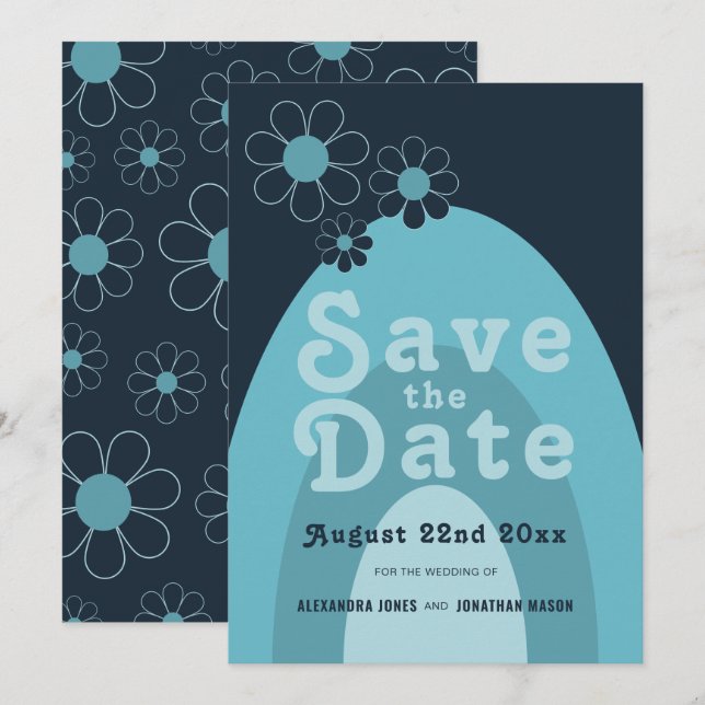 Retro 70er Mitte Jahrhundert Moderne Blue Wedding Save The Date (Vorne/Hinten)