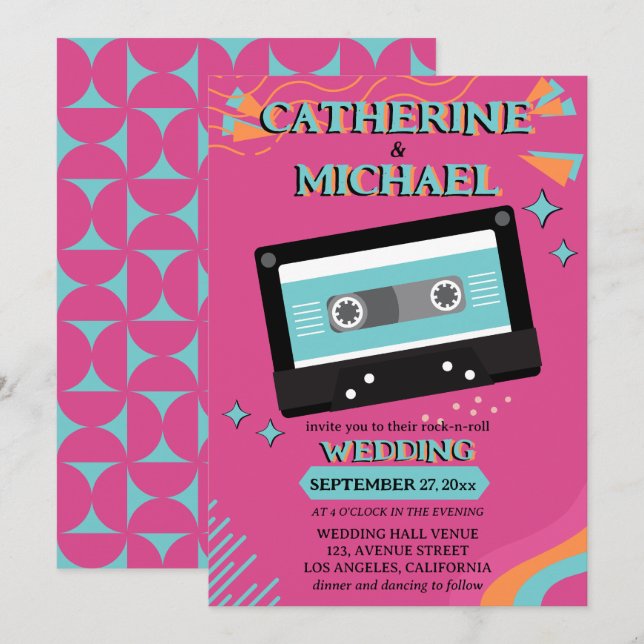 Retro 70er Music Cassette Tape Groovy Fuchsia Fun Einladung (Vorne/Hinten)