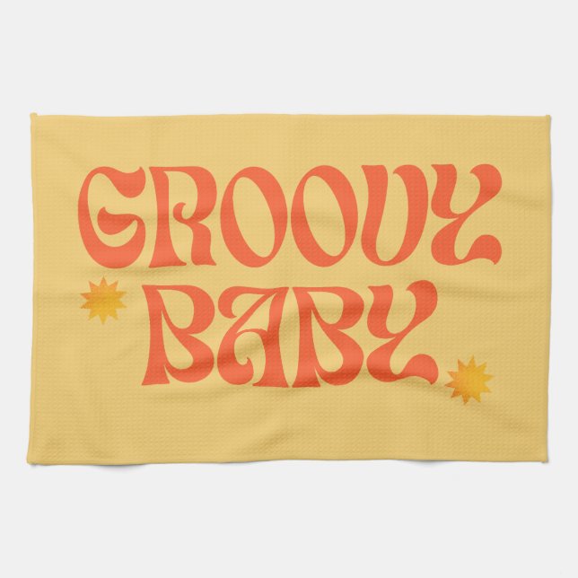 Retro 70er Mustard Orange Hippie Groovy Baby Geschirrtuch (Horizontal)