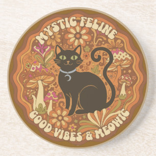 Retro 70er Mystische Feline Groovy Schwarze Katze Getränkeuntersetzer