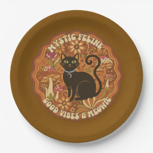 Retro 70er Mystische Feline Groovy Schwarze Katze Pappteller