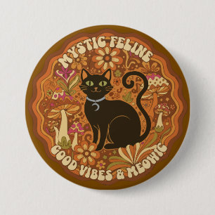 Retro 70er Mystische Katze Groovy Schwarze Katze & Button