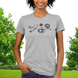 Retro 70er Navy Blue-Gold Blume Power T-Shirt