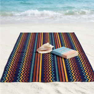 Retro 70er Navy Rot & Gelb Geometrischer Streifen Strandtuch