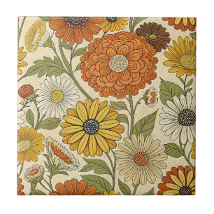 Retro 70er Orange Gelbe Gänseblümchen Blumen Boho Fliese