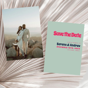 Retro 70er Pastel Blue Pink Groovy Typografy Foto Save The Date