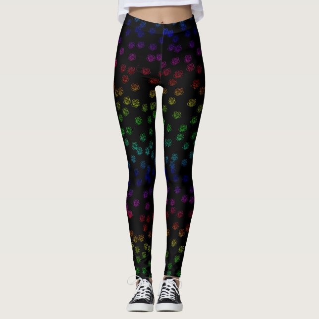 Retro 70er Pastel Rainbow Floral print auf schwarz Leggings (Vorderseite)