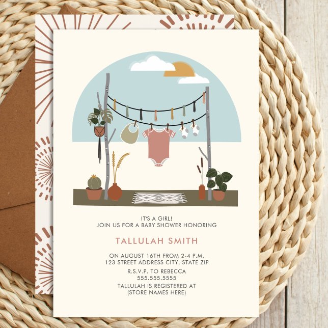 Retro 70er Pflanze Clothesline Baby Shower Girl Einladung (Von Creator hochgeladen)