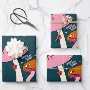 Retro 70er Pilze und Blume Navy Blue Geschenkpapier Set
