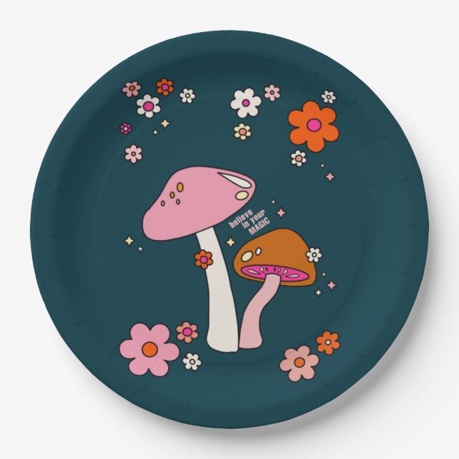 Retro 70er Pilze und Blume Navy Blue Pappteller (Vorderseite)