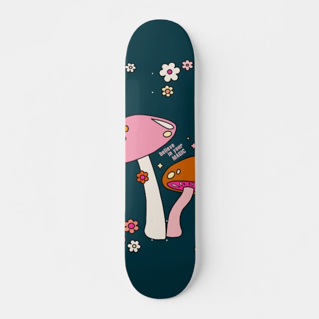 Retro 70er Pilze und Blume Navy Blue Skateboard (Vorne)