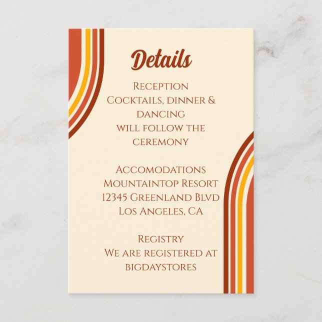 Retro 70er Rainbow Groovy Arch Wedding Details Begleitkarte (Vorderseite)