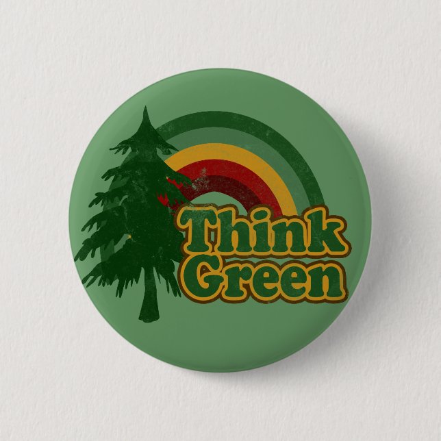 Retro 70er Regenbogen, Denke grün Button (Vorderseite)