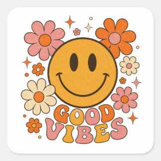 Retro 70er Smiley Flower Vibes Kunst Quadratischer Aufkleber