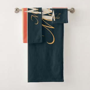 Retro 70er Streifen Navy Blau & Senf Monogramm Nam Badhandtuch Set